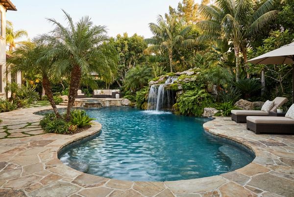 Pool with a natural rock waterfall framed by ferns