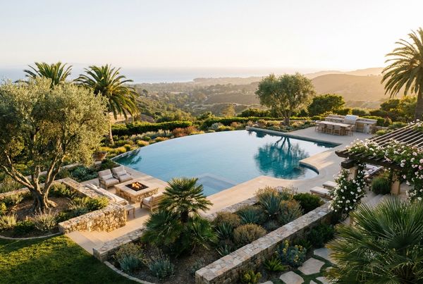 Established landscaped garden surrounding a swimming pool