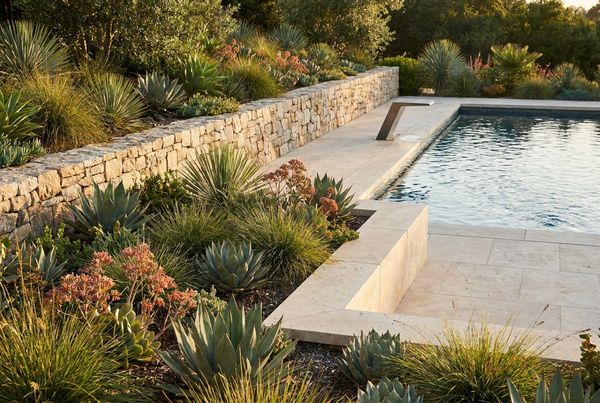 Pool with layered planting beds in three heights