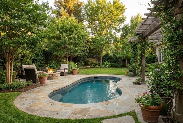 Pool with a privacy hedge and horizontal slat fence