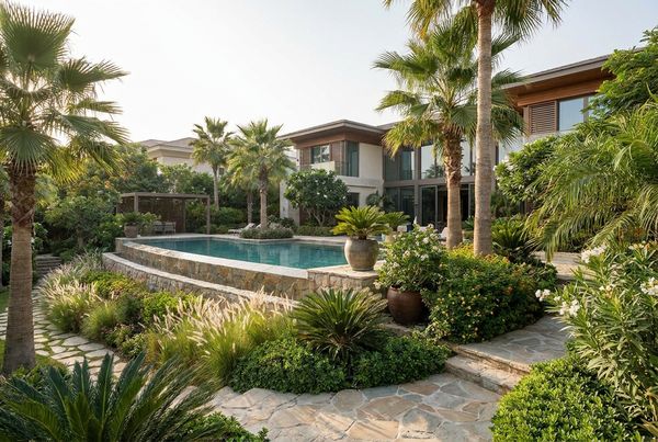 Pool framed by tall ornamental grasses catching the light