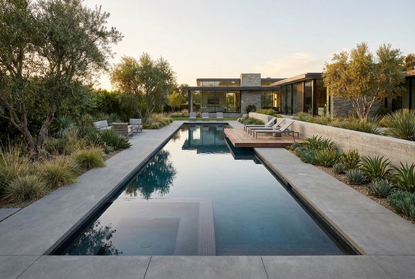 Pool deck with artificial turf and sculptural succulents