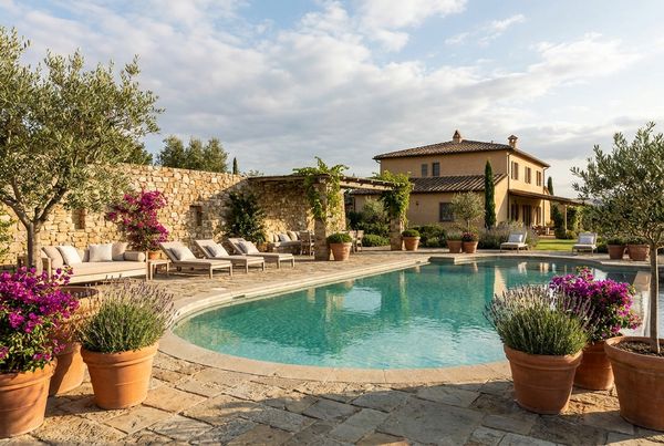 Pool surrounded by flowering shrubs and perennials