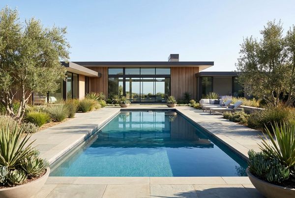 Poolside path lit by warm low-voltage fixtures at night