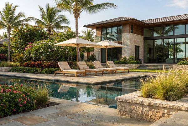 Pergola over a pool covered in flowering climbing vines