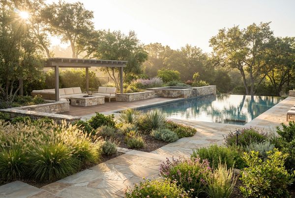 Resort-style pool with palms and lush poolside planting