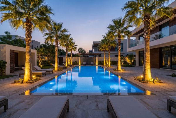 Uplit palm trees around a glowing pool