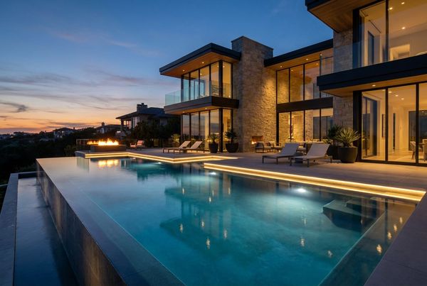 Dramatic dusk pool scene with layered lighting