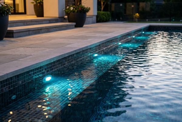 Close-up of underwater LED glow inside a pool