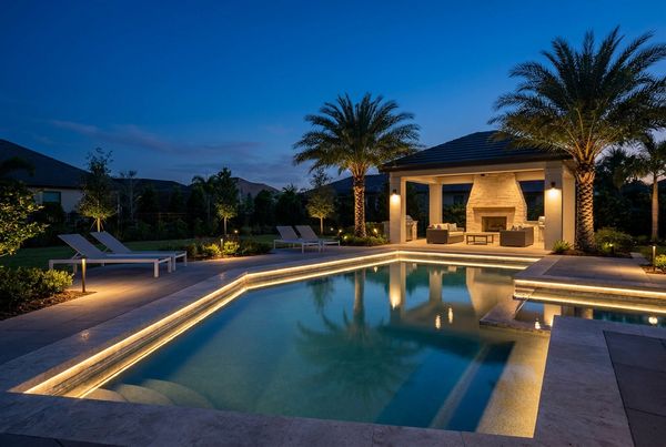 Evening backyard lighting scene around a pool
