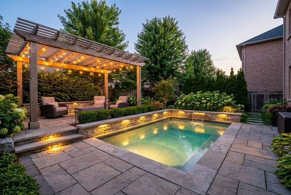 String lights strung over a poolside patio
