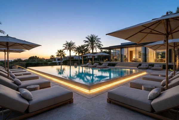 Pool with lit water wall glowing behind it