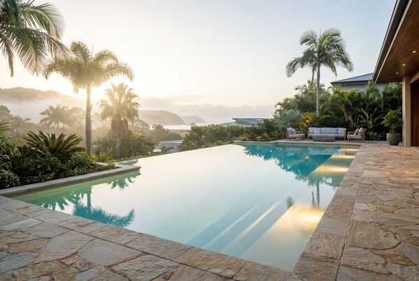 Resort-style pool lighting scene after dark