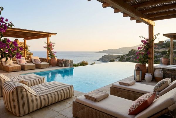 Backyard pool decorated with colorful floats and party decorations