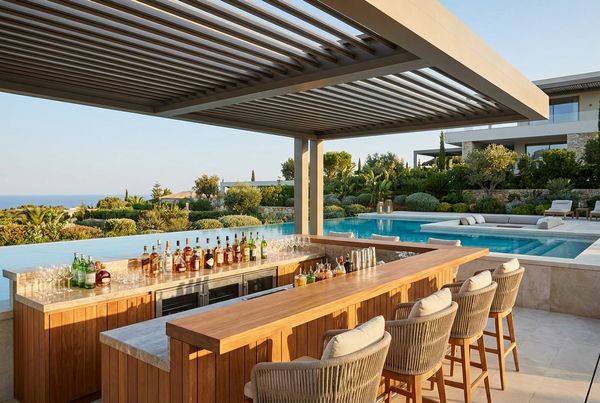 Poolside bar setup with a bar cart, drink dispensers and glassware
