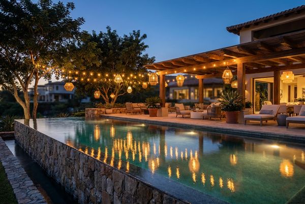 String lights and paper lanterns strung above a backyard pool