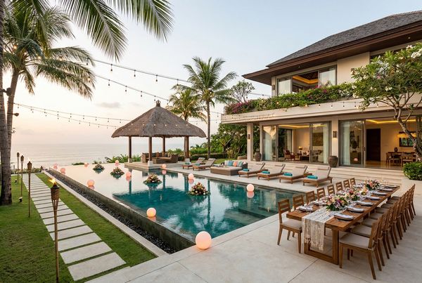 Tropical luau pool party with tiki torches, leis and bright florals