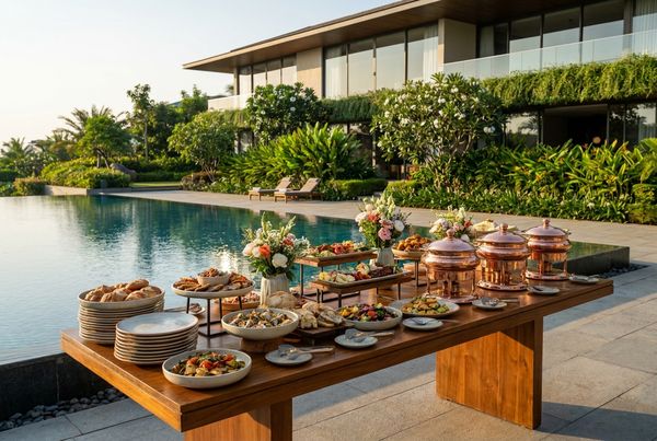 Poolside buffet table styled with finger foods and platters