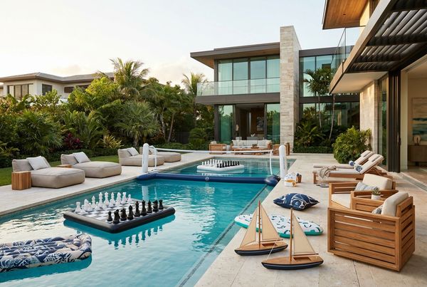 Pool filled with games, floats and colorful toys for guests