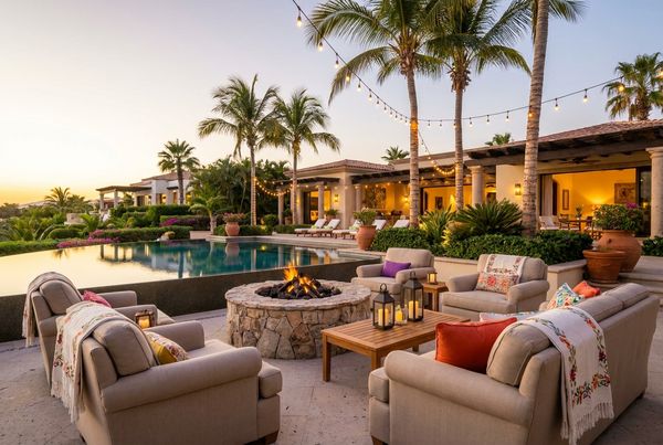 Festive poolside seating arranged around a decorated pool