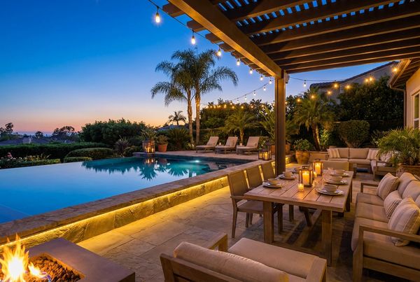 Elegant evening pool party with string lights and lanterns