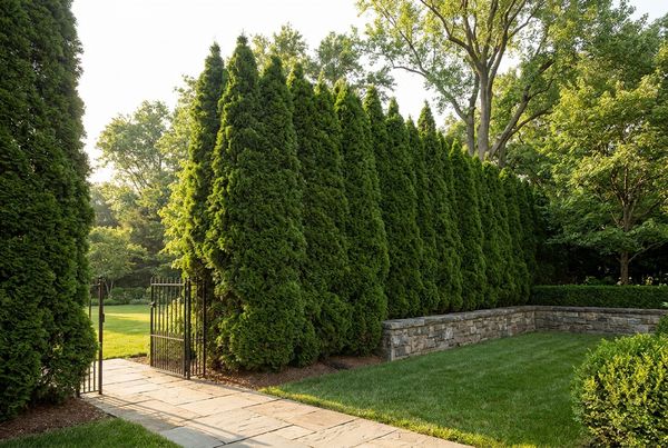 Tall privacy hedge screening a backyard pool from neighbors