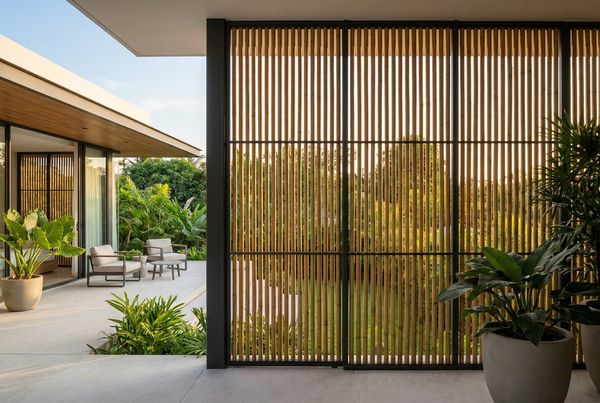 Tall clumping bamboo forming a dense privacy screen behind a pool