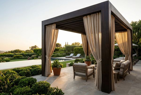 Pergola draped with flowing outdoor privacy curtains beside a pool