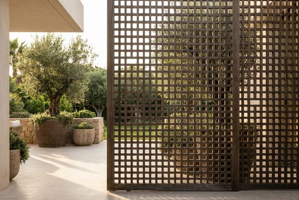 Lattice privacy screen covered in climbing vines beside a pool