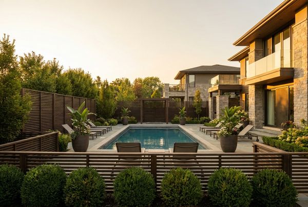 Horizontal slat privacy wall behind a modern pool