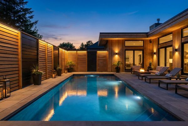 Pergola with flowing privacy curtains over a pool lounge