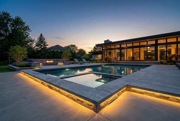 Remodeled pool lit with LED lighting at dusk