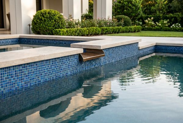 Modernized pool with softened-geometric shape, dark water and clean coping