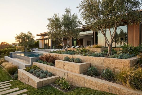 Modern segmental block retaining wall beside a rectangular pool