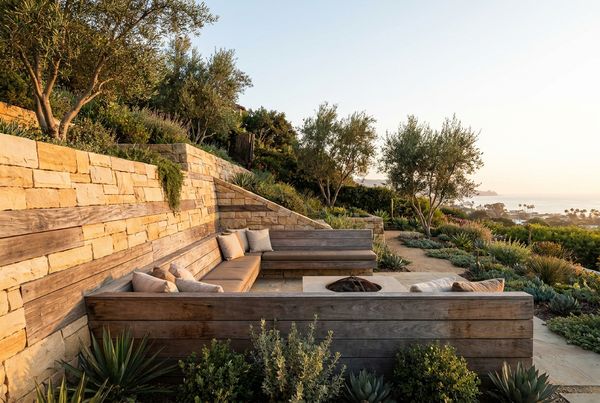 Retaining wall with a built-in seating ledge beside a pool