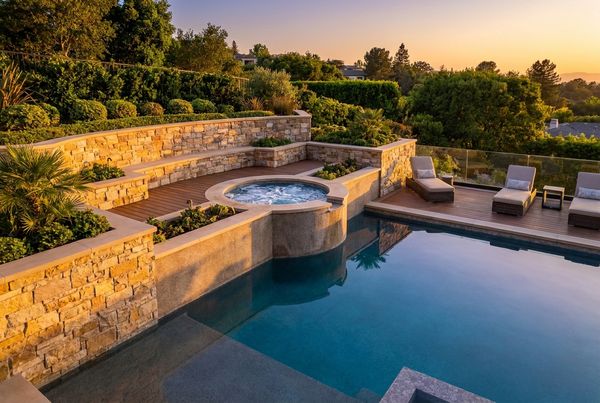 Raised spa built into a poolside retaining wall on a hillside