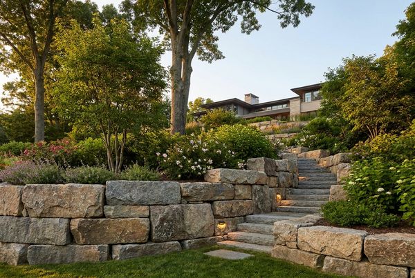 Swimming pool set into a sloped backyard behind a retaining wall