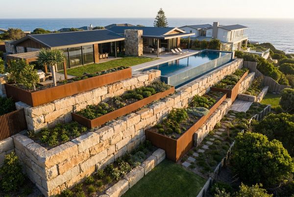 Aerial view of a pool set into a hillside behind a curved retaining wall