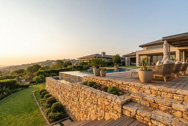 Natural stone retaining wall wrapping a swimming pool