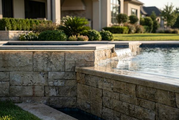 Segmental block retaining wall behind a rectangular pool