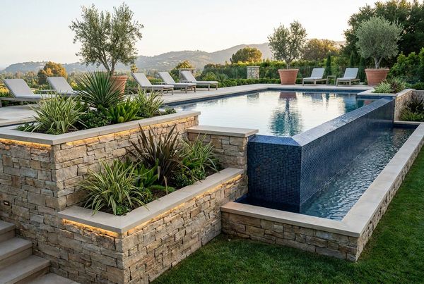 Retaining wall with a sheer-descent waterfall into a pool