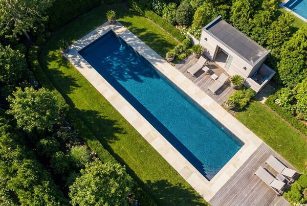 Aerial view of a long narrow lap pool