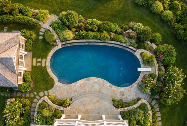 Aerial view of a curved organic pool set into landscaping