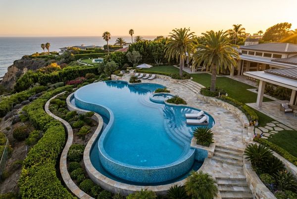 Aerial view of a rectangular pool with a raised spa