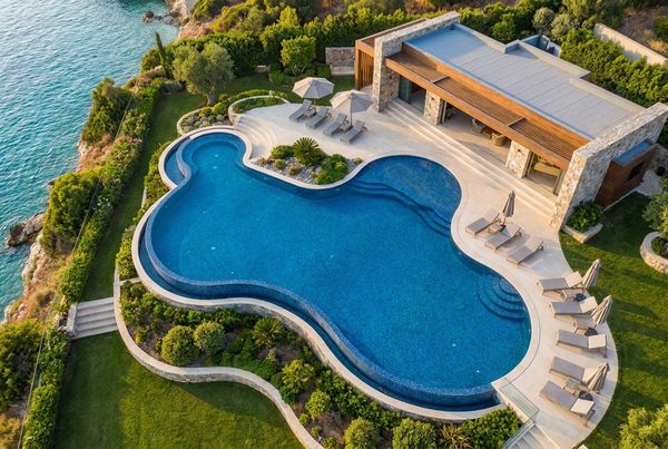 Aerial view of a Grecian pool with cut corners