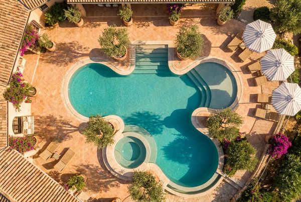 Aerial view of a small plunge pool in a courtyard