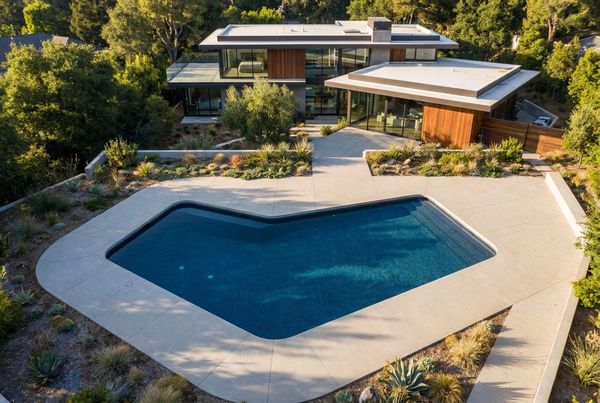 Aerial view of an angular pool with sharp offset corners