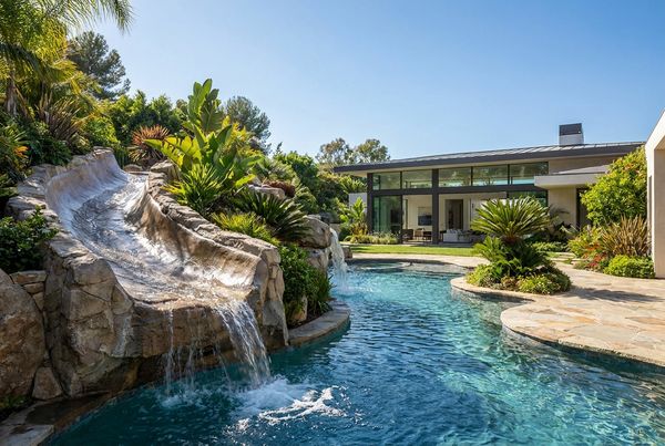 Rock waterfall slide sculpted into boulders spilling into a pool