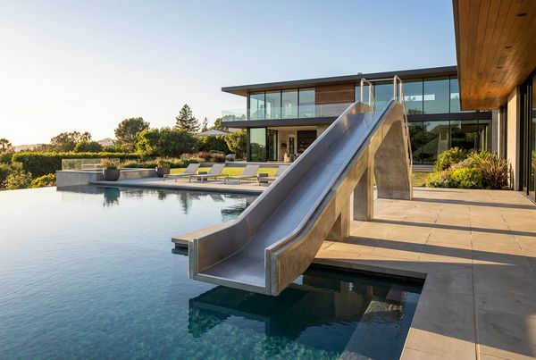 Straight modern pool slide over a clean rectangular pool