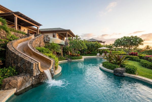 Pool slide curving into a large lagoon-style pool